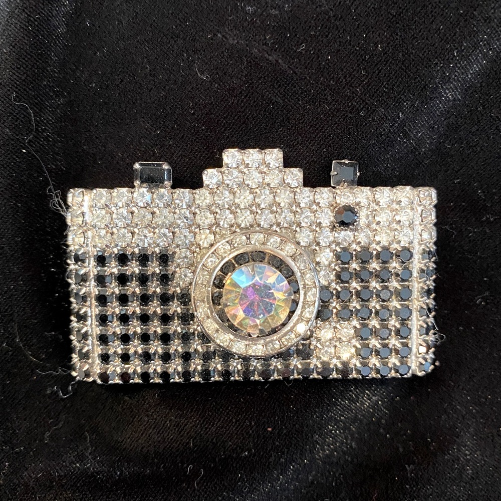 Large Dorothy Bauer AB Crystal Camera Brooch Pin